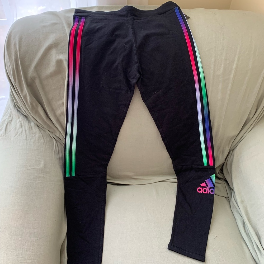 Adidas Girls Running Legging Never worn.Multi colored 3stripe on legs.